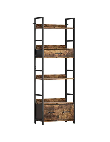 HOMCOM Industrial Style Bookcase, with 4 Shelves and 3 Fabric Drawers - Brown/Black