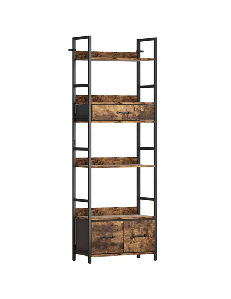 HOMCOM Industrial Style Bookcase, with 4 Shelves and 3 Fabric Drawers - Brown/Black