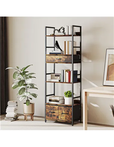 HOMCOM Industrial Style Bookcase, with 4 Shelves and 3 Fabric Drawers - Brown/Black