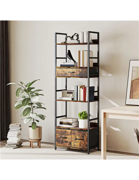 HOMCOM Industrial Style Bookcase, with 4 Shelves and 3 Fabric Drawers - Brown/Black