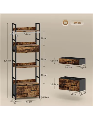 HOMCOM Industrial Style Bookcase, with 4 Shelves and 3 Fabric Drawers - Brown/Black
