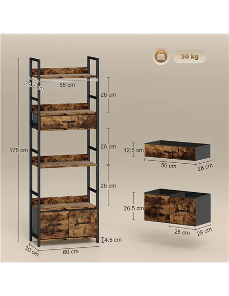 HOMCOM Industrial Style Bookcase, with 4 Shelves and 3 Fabric Drawers - Brown/Black
