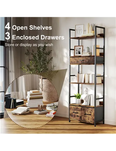 HOMCOM Industrial Style Bookcase, with 4 Shelves and 3 Fabric Drawers - Brown/Black