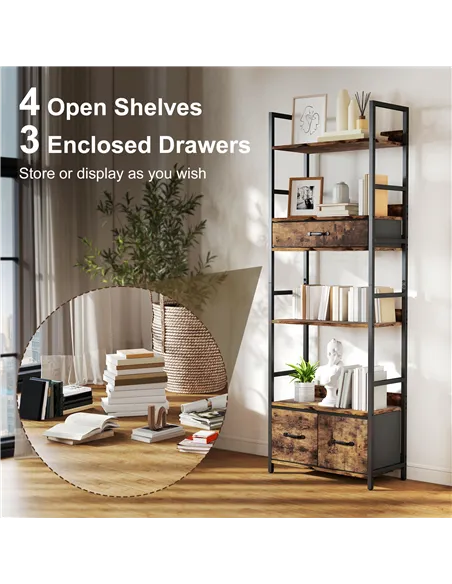 HOMCOM Industrial Style Bookcase, with 4 Shelves and 3 Fabric Drawers - Brown/Black