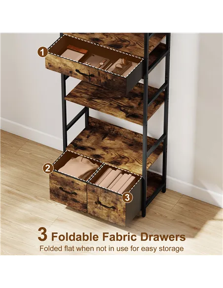 HOMCOM Industrial Style Bookcase, with 4 Shelves and 3 Fabric Drawers - Brown/Black