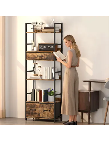 HOMCOM Industrial Style Bookcase, with 4 Shelves and 3 Fabric Drawers - Brown/Black