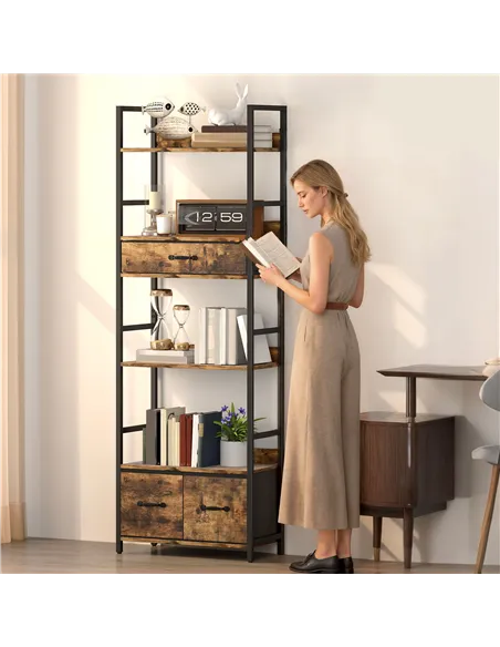 HOMCOM Industrial Style Bookcase, with 4 Shelves and 3 Fabric Drawers - Brown/Black