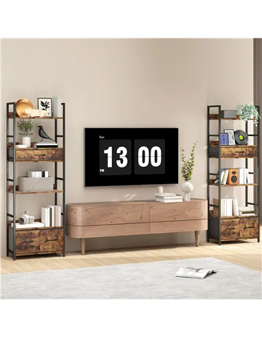 HOMCOM Industrial Style Bookcase, with 4 Shelves and 3 Fabric Drawers - Brown/Black