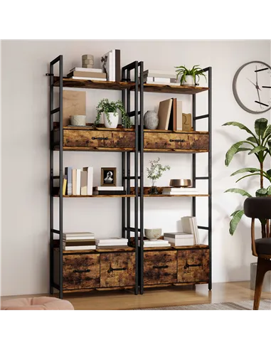 HOMCOM Industrial Style Bookcase, with 4 Shelves and 3 Fabric Drawers - Brown/Black