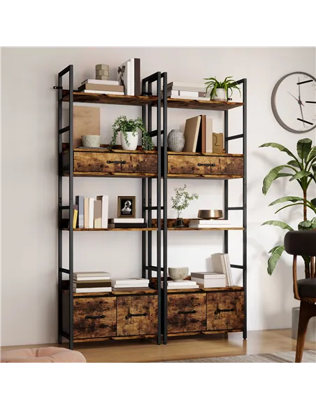 HOMCOM Industrial Style Bookcase, with 4 Shelves and 3 Fabric Drawers - Brown/Black