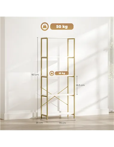 HOMCOM 5-Tier Bookshelf, Modern Bookcase with Metal Frame - White and Gold Tone