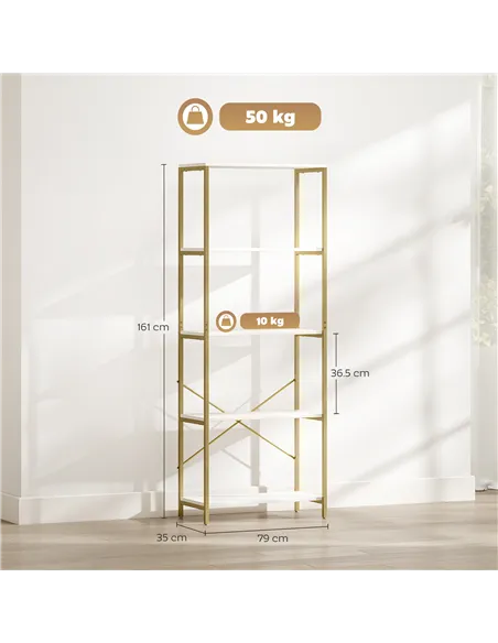 HOMCOM 5-Tier Bookshelf, Modern Bookcase with Metal Frame - White and Gold Tone