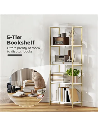 HOMCOM 5-Tier Bookshelf, Modern Bookcase with Metal Frame - White and Gold Tone
