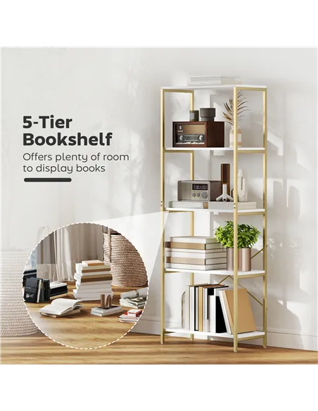 HOMCOM 5-Tier Bookshelf, Modern Bookcase with Metal Frame - White and Gold Tone