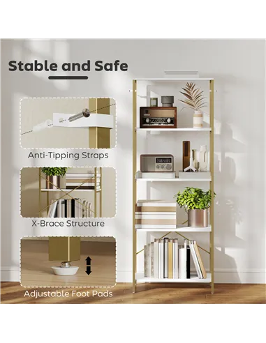 HOMCOM 5-Tier Bookshelf, Modern Bookcase with Metal Frame - White and Gold Tone