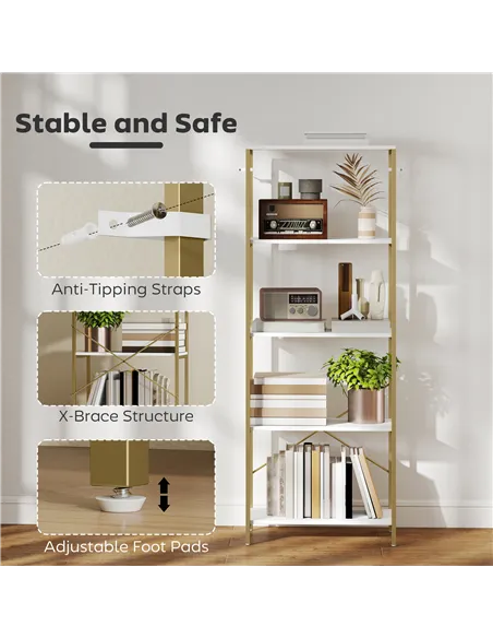 HOMCOM 5-Tier Bookshelf, Modern Bookcase with Metal Frame - White and Gold Tone