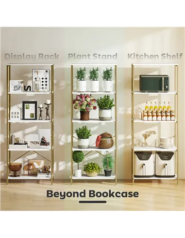 HOMCOM 5-Tier Bookshelf, Modern Bookcase with Metal Frame - White and Gold Tone