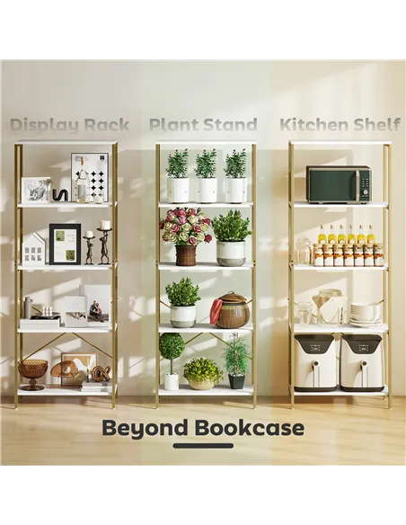 HOMCOM 5-Tier Bookshelf, Modern Bookcase with Metal Frame - White and Gold Tone