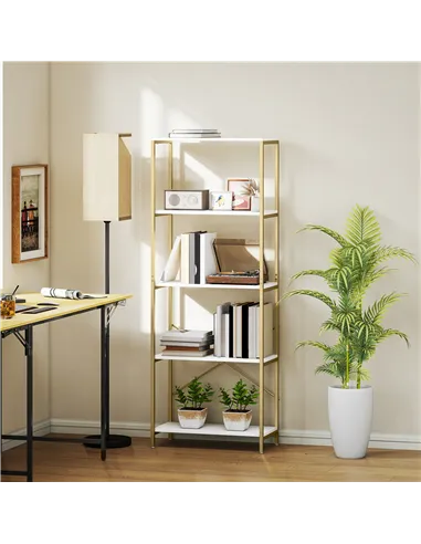 HOMCOM 5-Tier Bookshelf, Modern Bookcase with Metal Frame - White and Gold Tone