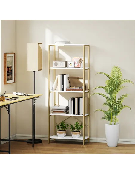 HOMCOM 5-Tier Bookshelf, Modern Bookcase with Metal Frame - White and Gold Tone