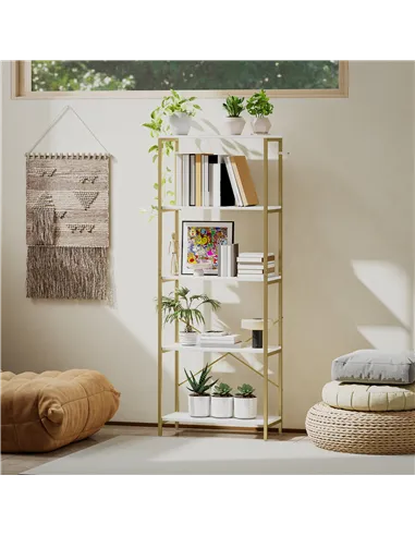 HOMCOM 5-Tier Bookshelf, Modern Bookcase with Metal Frame - White and Gold Tone