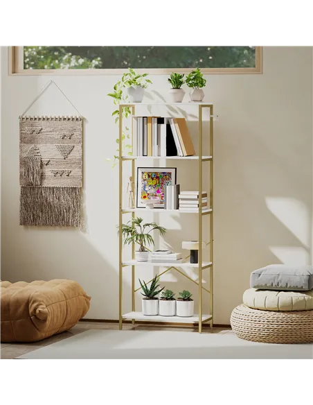 HOMCOM 5-Tier Bookshelf, Modern Bookcase with Metal Frame - White and Gold Tone
