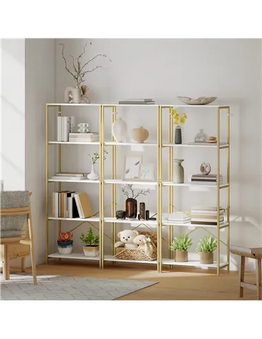 HOMCOM 5-Tier Bookshelf, Modern Bookcase with Metal Frame - White and Gold Tone