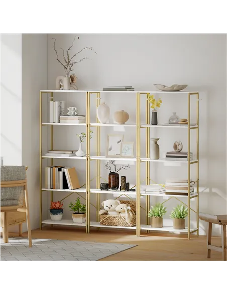 HOMCOM 5-Tier Bookshelf, Modern Bookcase with Metal Frame - White and Gold Tone