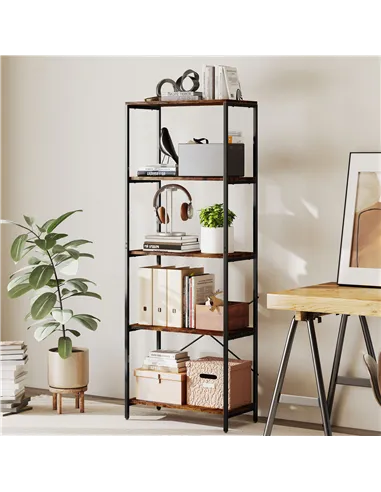 HOMCOM 5-Tier Bookshelf, Industrial Bookcase with Metal Frame - Rustic Brown and Black