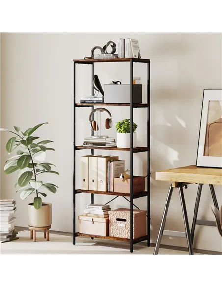 HOMCOM 5-Tier Bookshelf, Industrial Bookcase with Metal Frame - Rustic Brown and Black