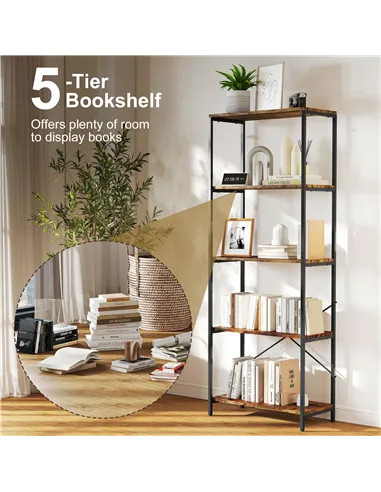 HOMCOM 5-Tier Bookshelf, Industrial Bookcase with Metal Frame - Rustic Brown and Black