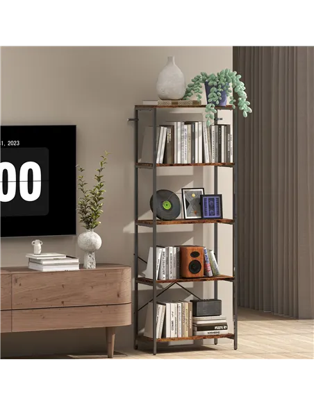 HOMCOM 5-Tier Bookshelf, Industrial Bookcase with Metal Frame - Rustic Brown and Black