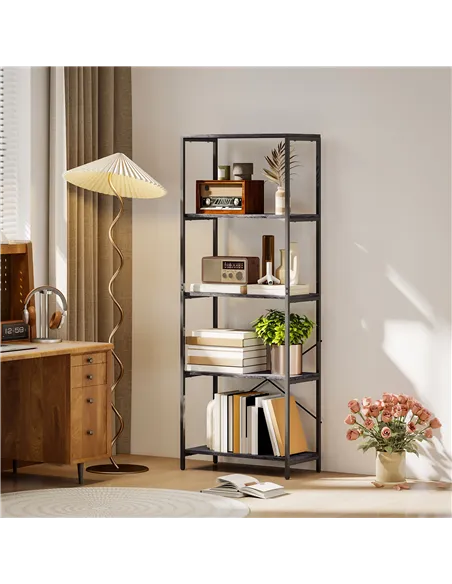 HOMCOM 5-Tier Bookshelf, Industrial Bookcase with Metal Frame - Dark Grey and Black