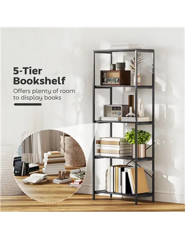 HOMCOM 5-Tier Bookshelf, Industrial Bookcase with Metal Frame - Dark Grey and Black