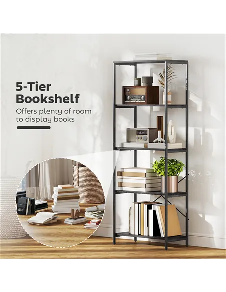 HOMCOM 5-Tier Bookshelf, Industrial Bookcase with Metal Frame - Dark Grey and Black