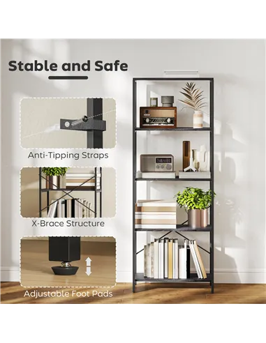 HOMCOM 5-Tier Bookshelf, Industrial Bookcase with Metal Frame - Dark Grey and Black