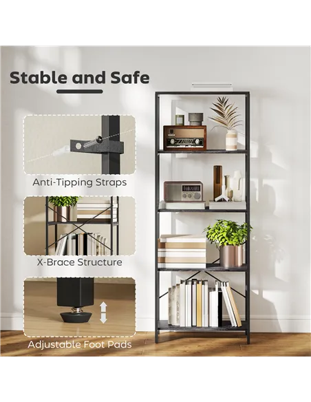 HOMCOM 5-Tier Bookshelf, Industrial Bookcase with Metal Frame - Dark Grey and Black