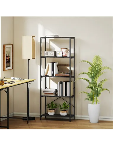 HOMCOM 5-Tier Bookshelf, Industrial Bookcase with Metal Frame - Dark Grey and Black