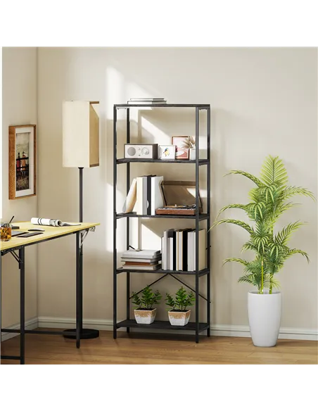 HOMCOM 5-Tier Bookshelf, Industrial Bookcase with Metal Frame - Dark Grey and Black