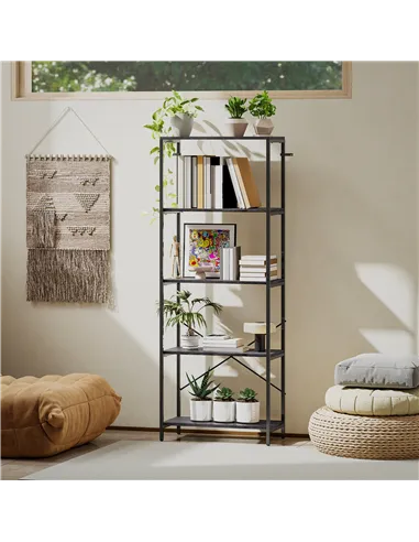 HOMCOM 5-Tier Bookshelf, Industrial Bookcase with Metal Frame - Dark Grey and Black