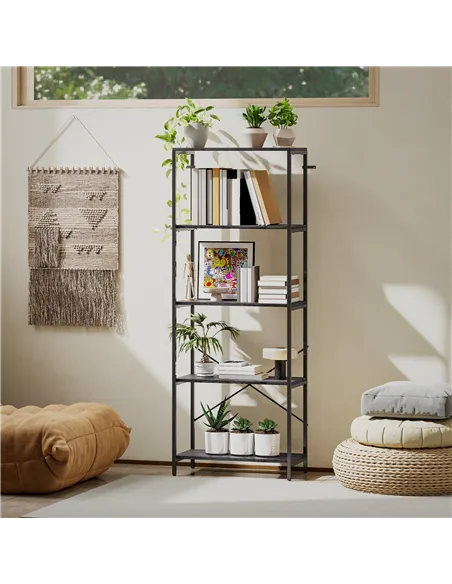 HOMCOM 5-Tier Bookshelf, Industrial Bookcase with Metal Frame - Dark Grey and Black