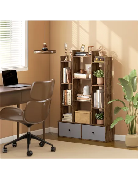 HOMCOM 12 Shelf Storage Unit, with Drawers - Brown