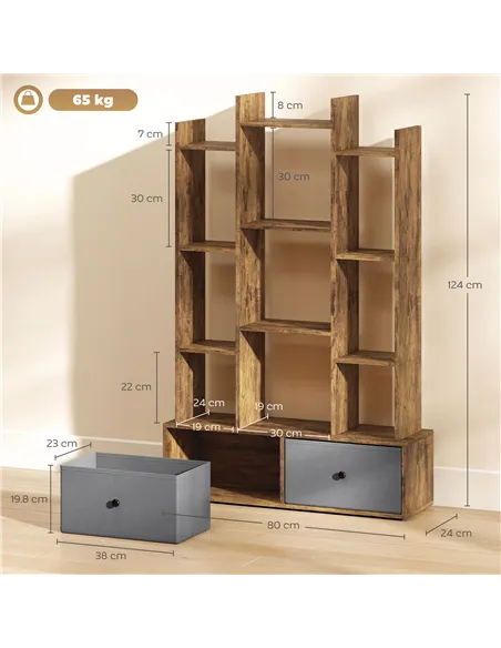 HOMCOM 12 Shelf Storage Unit, with Drawers - Brown