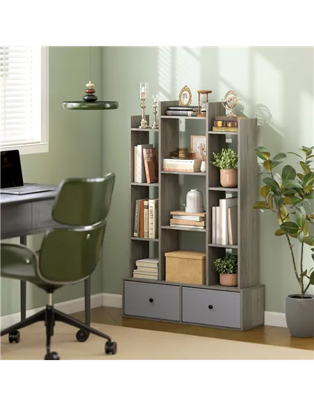 HOMCOM 12 Shelf Storage Unit, with Drawers - Graphite Wood Effect