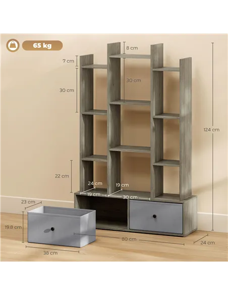 HOMCOM 12 Shelf Storage Unit, with Drawers - Graphite Wood Effect
