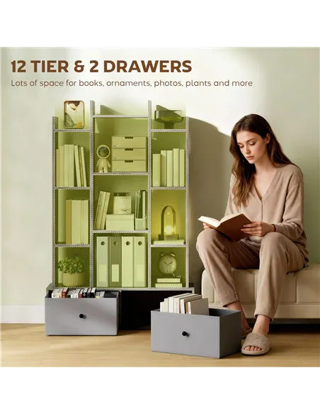 HOMCOM 12 Shelf Storage Unit, with Drawers - Graphite Wood Effect