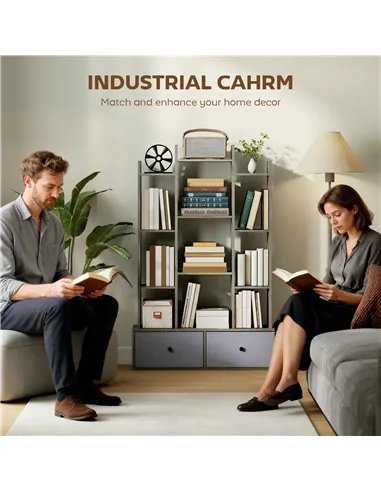 HOMCOM 12 Shelf Storage Unit, with Drawers - Graphite Wood Effect