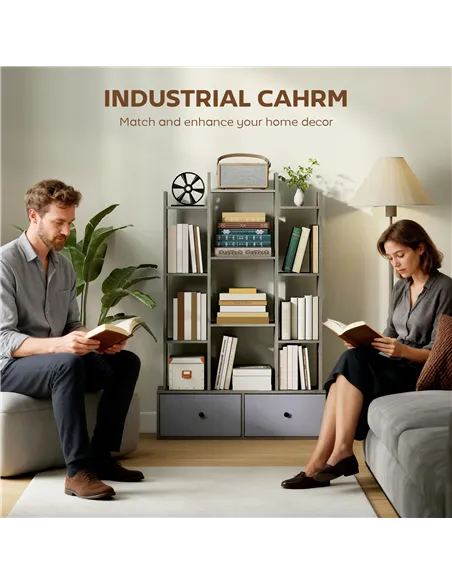 HOMCOM 12 Shelf Storage Unit, with Drawers - Graphite Wood Effect