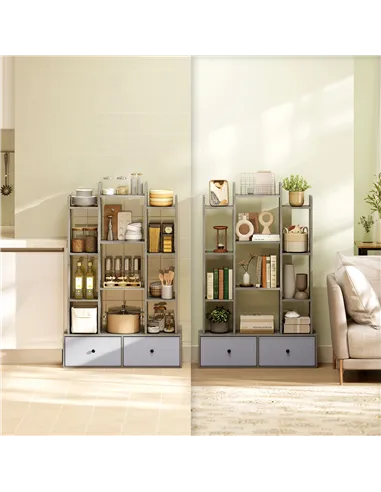 HOMCOM 12 Shelf Storage Unit, with Drawers - Graphite Wood Effect