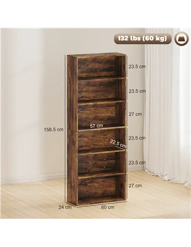HOMCOM Six Shelf Bookcase - Rustic Brown